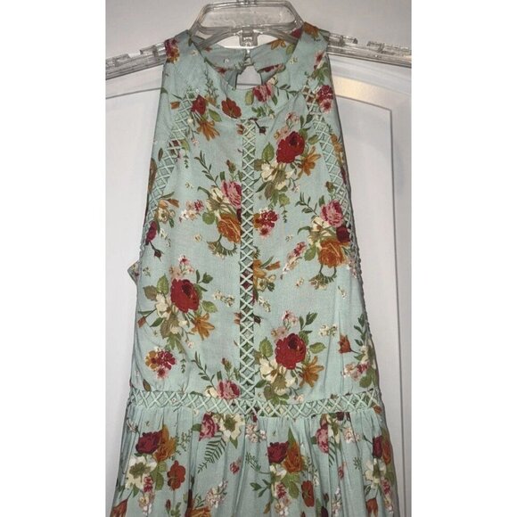 Sunday Mi Amor Anthropologie Mint Floral Cut out Back Halter Mini Dress Sz S NEW - Picture 2 of 9